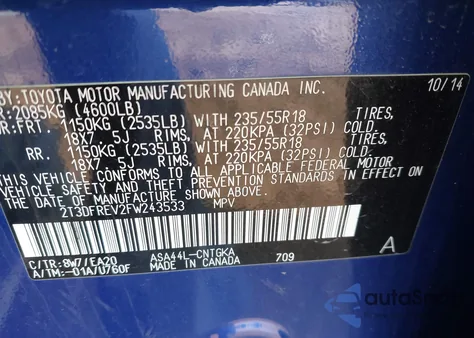 2015 Toyota Rav4 Limited z USA, uszkodzony, nr VIN 2T3DFREV2FW243533